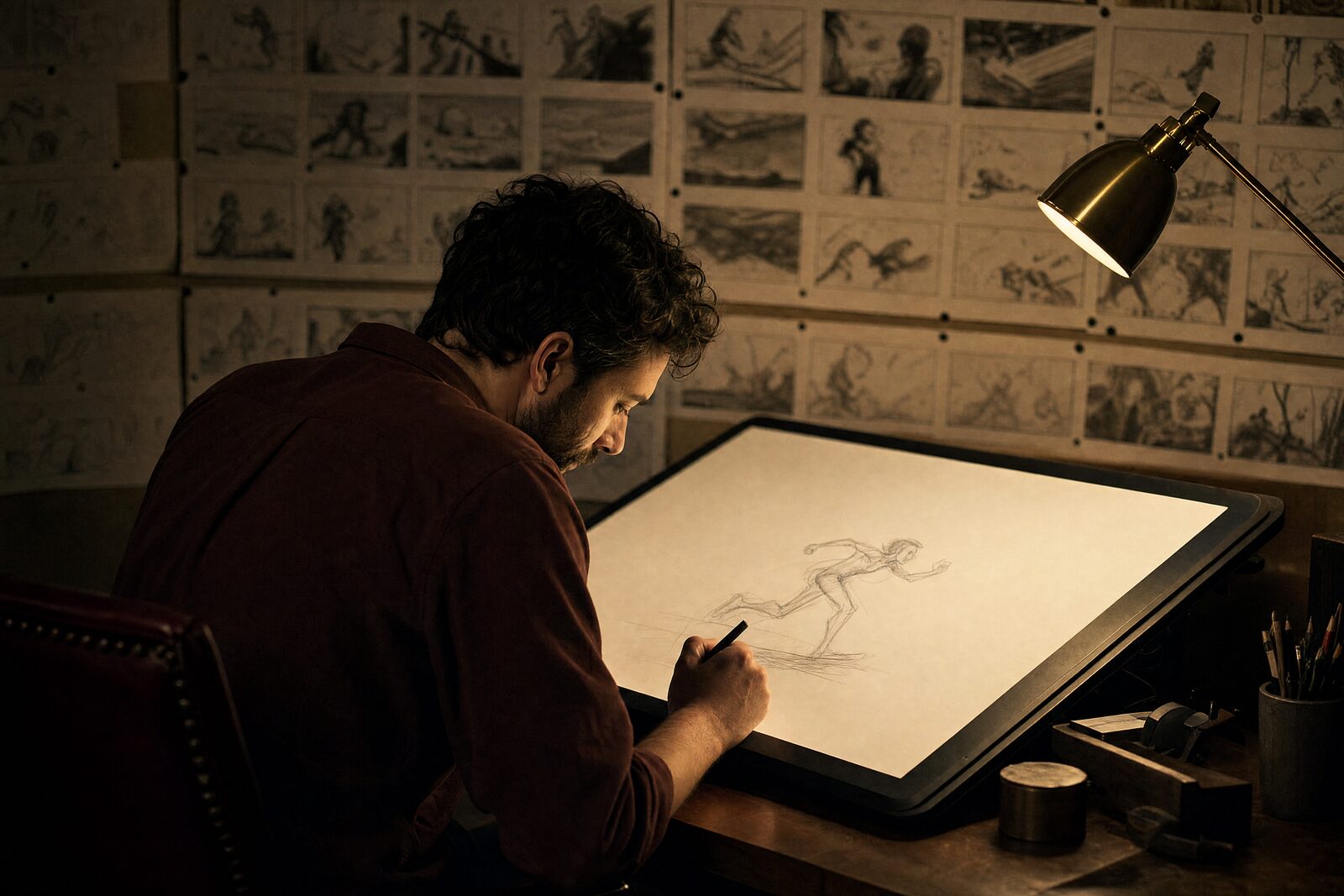 An animator at a drawing tablet in a dark room lit by a desk lamp, a wall of printed storyboard frames behind him