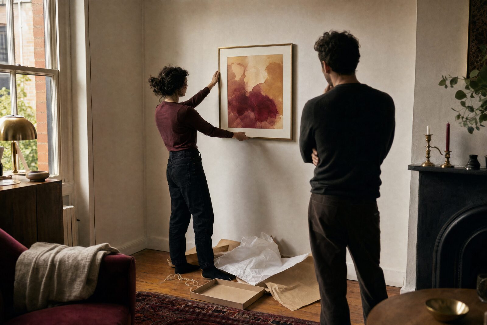 A couple hanging a framed print in a small flat, the parcel and tissue paper still on the floor