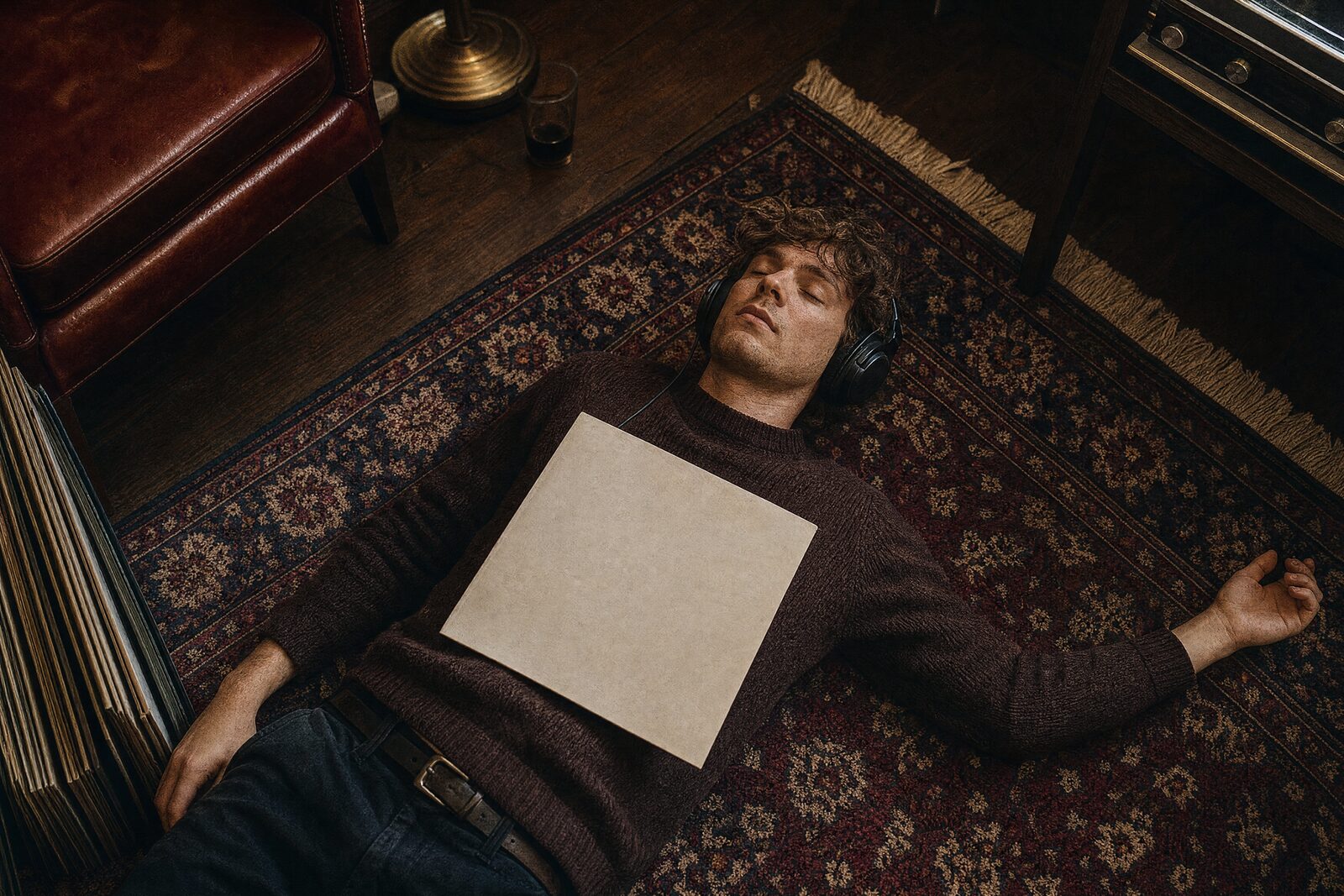 Someone lying on a rug with headphones on, eyes closed, a record sleeve resting on their chest in evening light