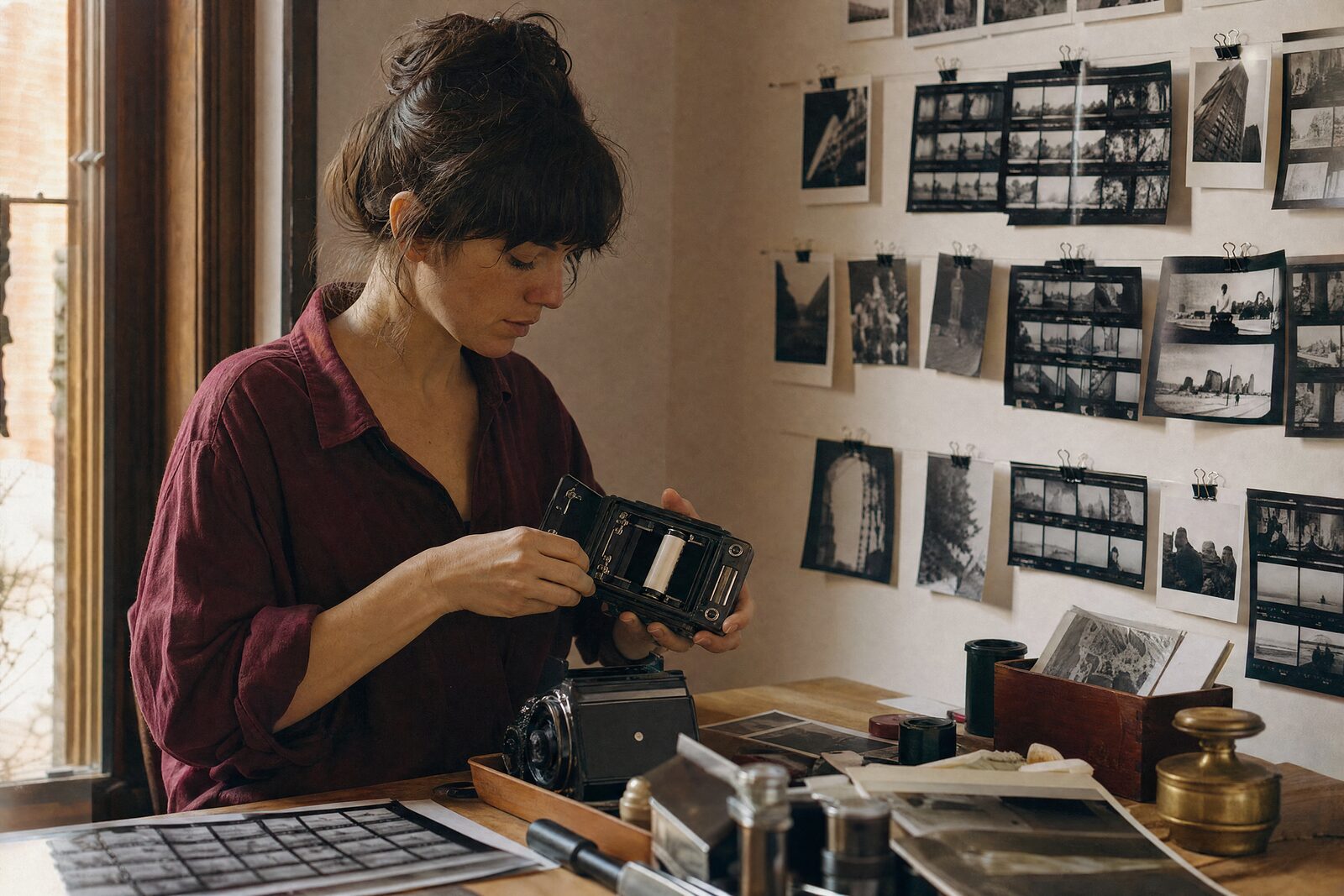 A photographer loading a medium-format film camera by a window, contact sheets pinned on the wall behind