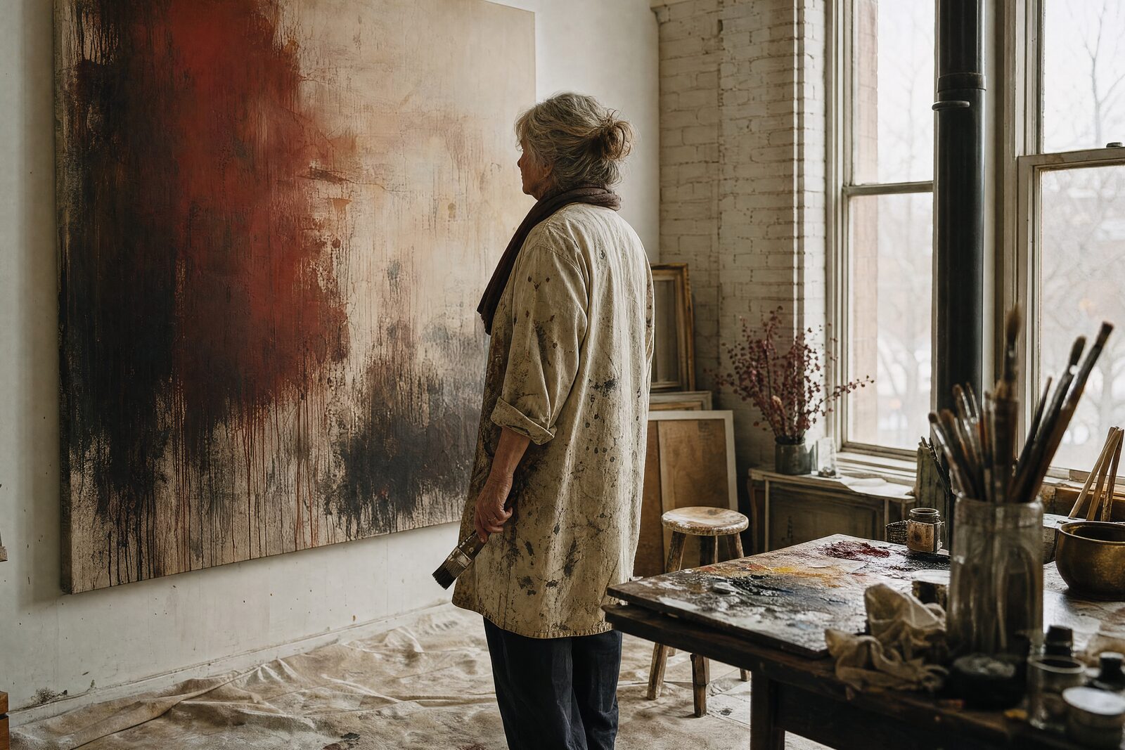 A painter in her sixties in a paint-spattered smock standing back from a large canvas in a north-lit studio, brush in hand