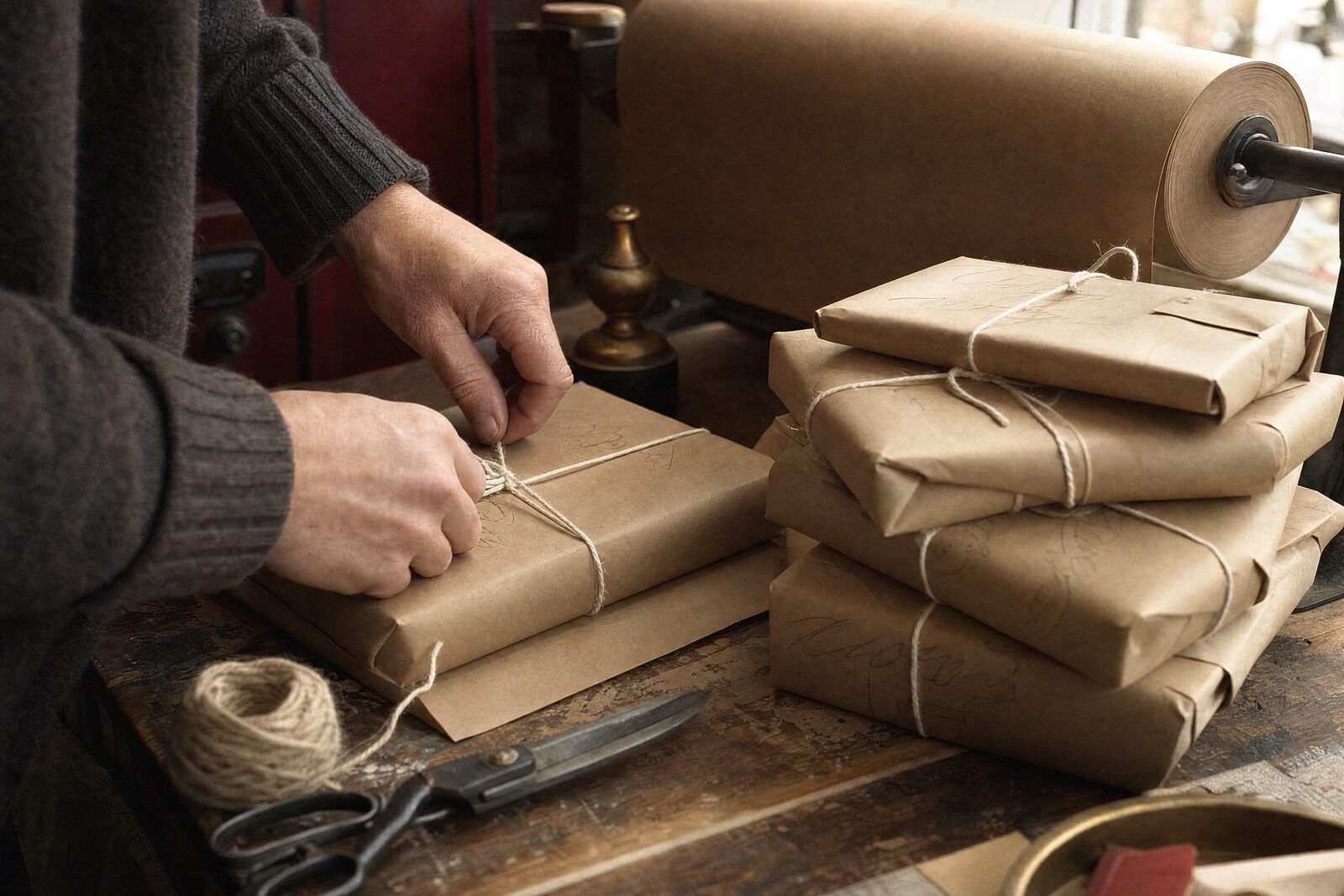 Wrapped parcels with handwritten labels on a print shop counter, a roll of kraft paper, a pair of hands sealing one