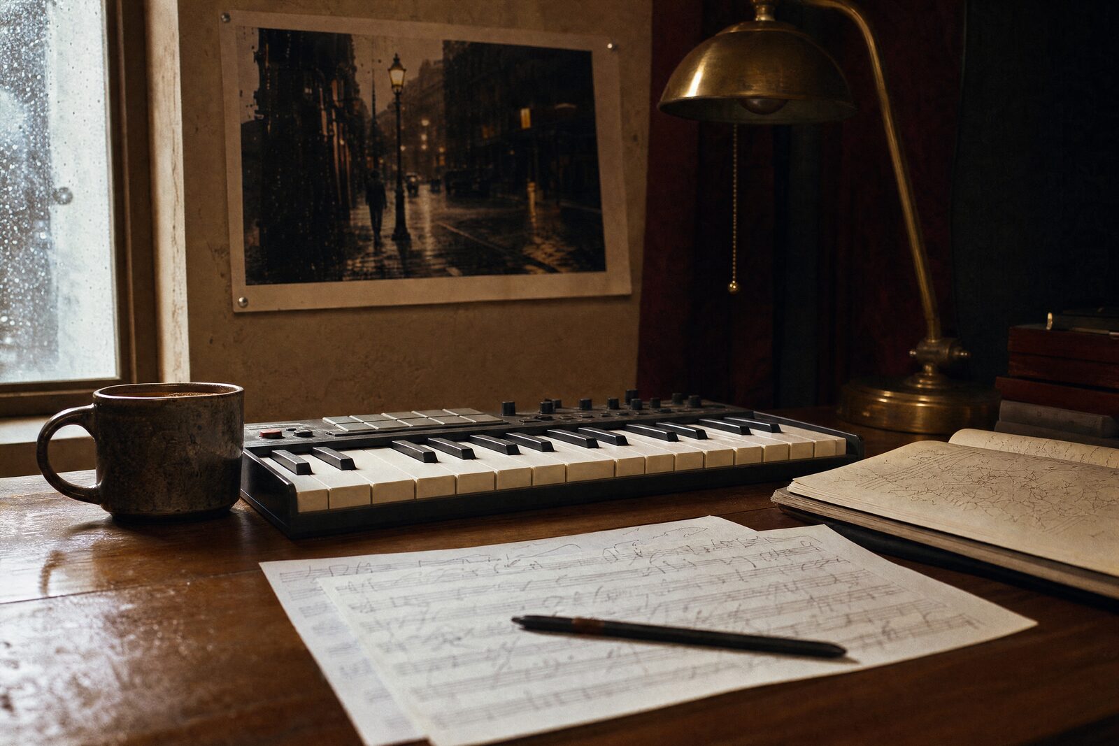 A composer's desk — a keyboard, a handwritten cue sheet, a cup of coffee and a film still pinned above