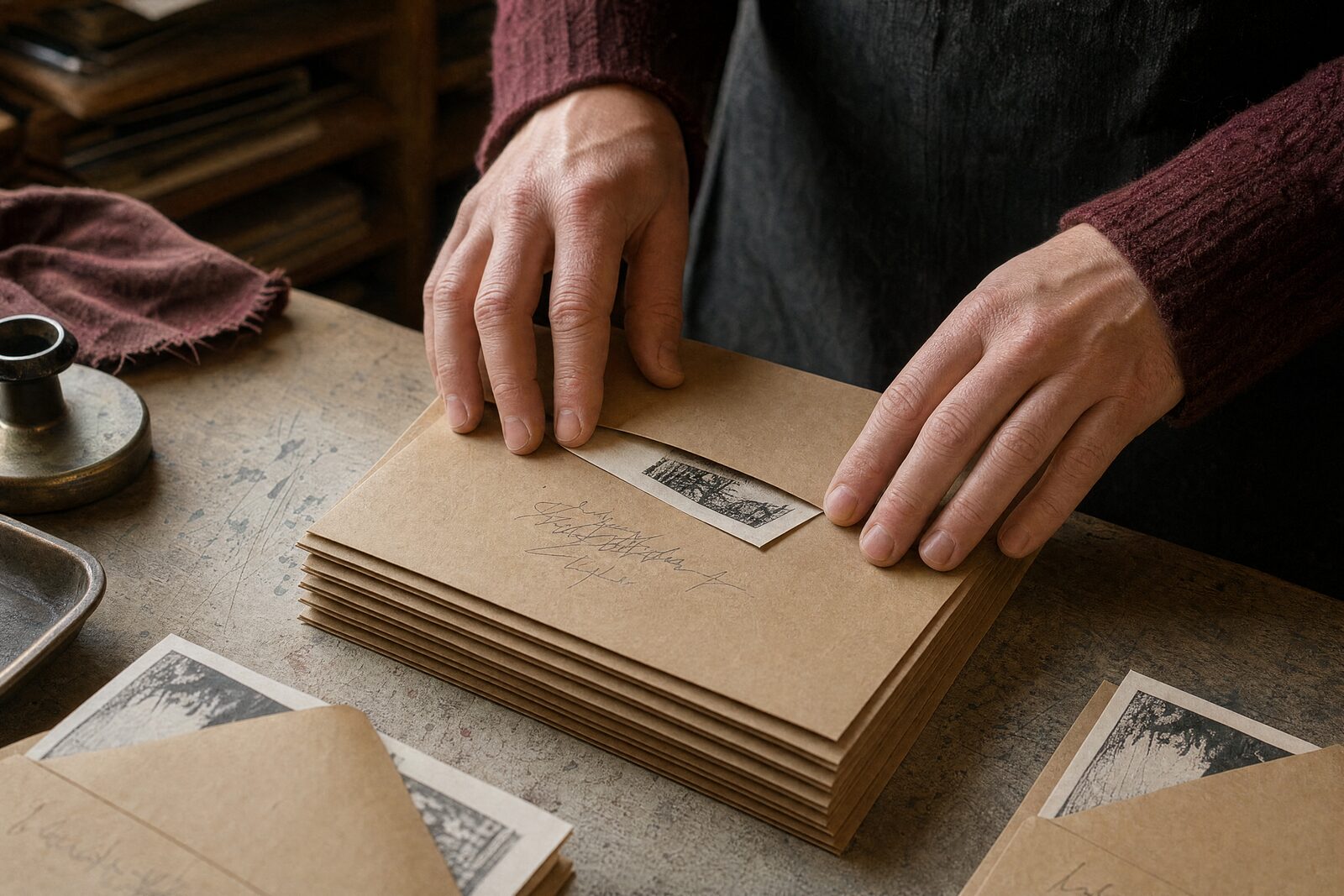A printmaker sealing a stack of identical envelopes with handwritten names, a small letterpress print peeking from each