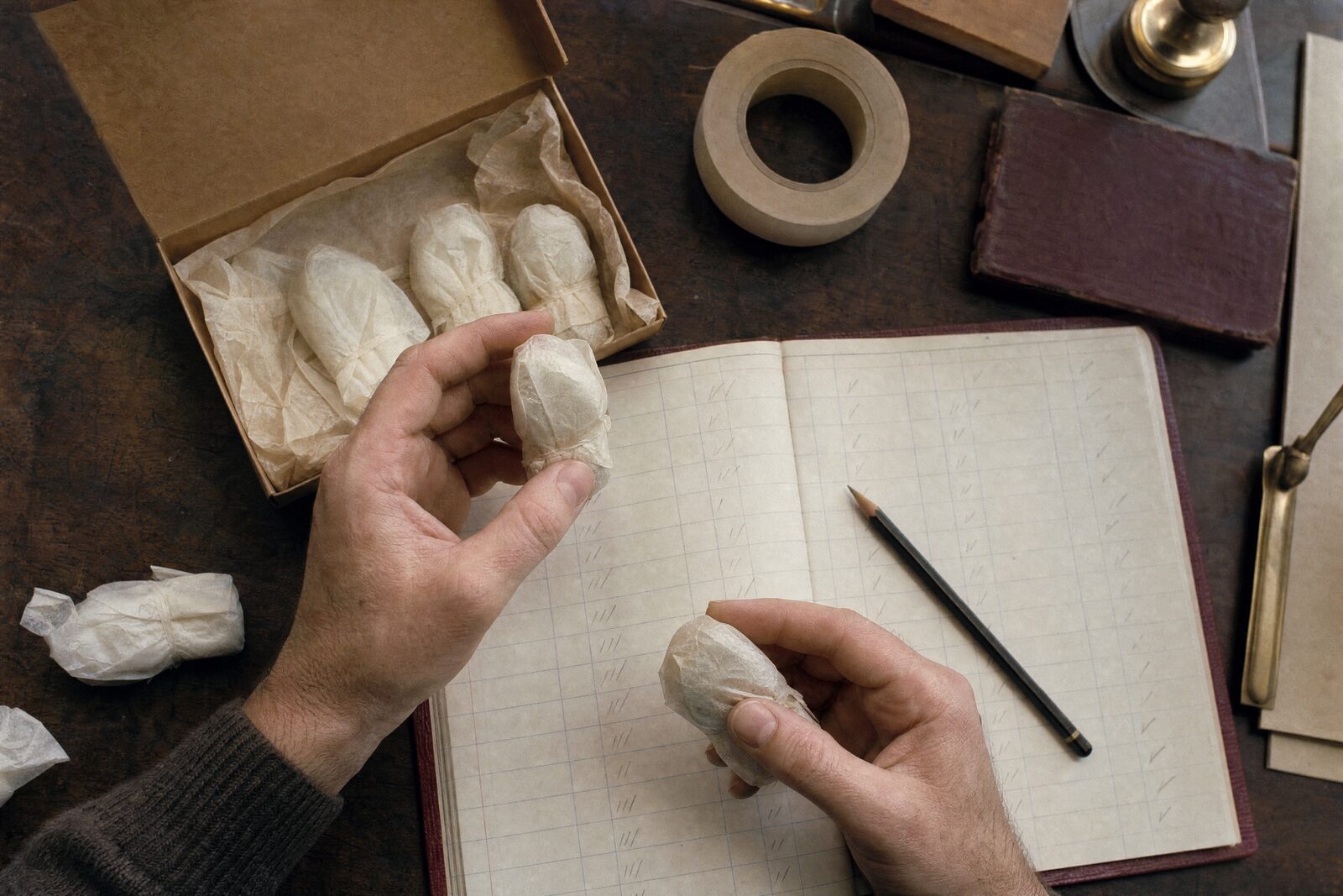 A maker's hands counting out an order against a paper ledger