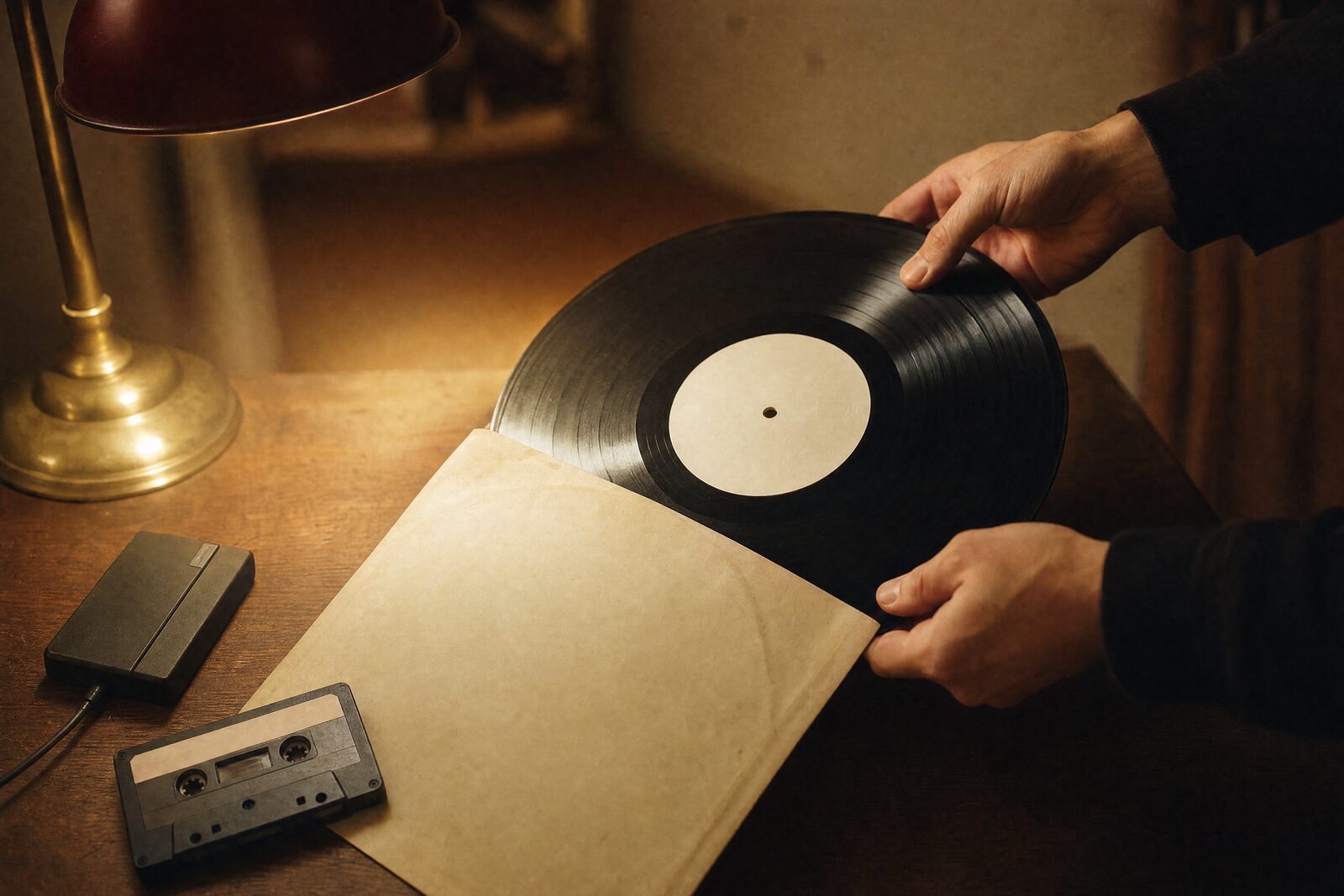 A vinyl test pressing lifted from its sleeve under a lamp, a cassette and a hard drive beside it