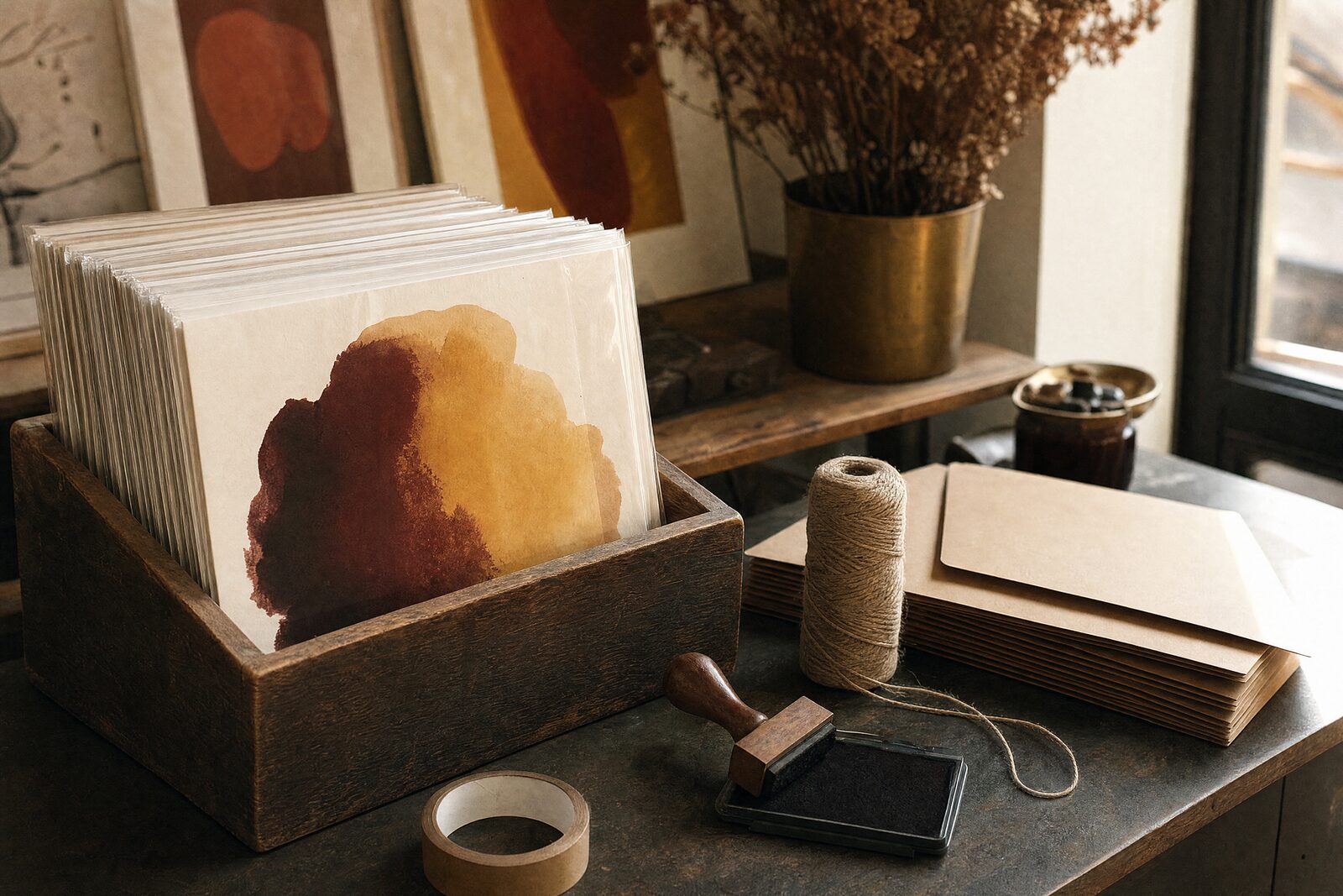 A shelf of numbered prints in cellophane beside a stamp, an ink pad and a stack of flat mailers