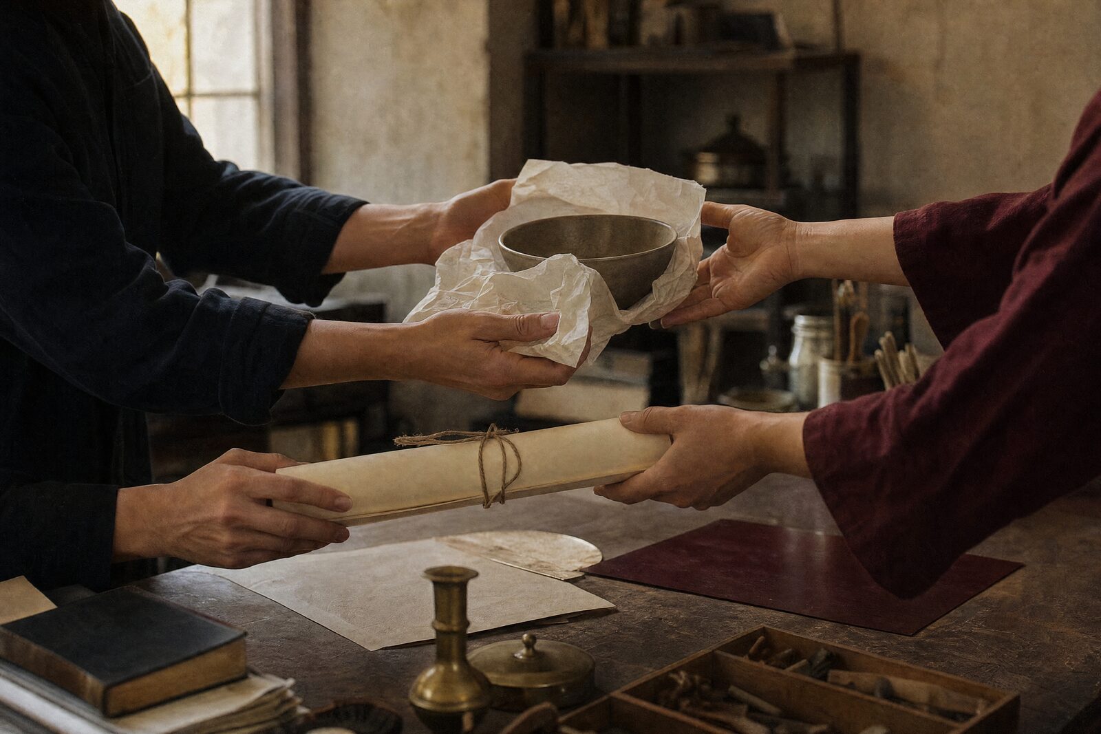 Two people exchanging things across a workbench, a wrapped ceramic bowl going one way and a rolled poster the other