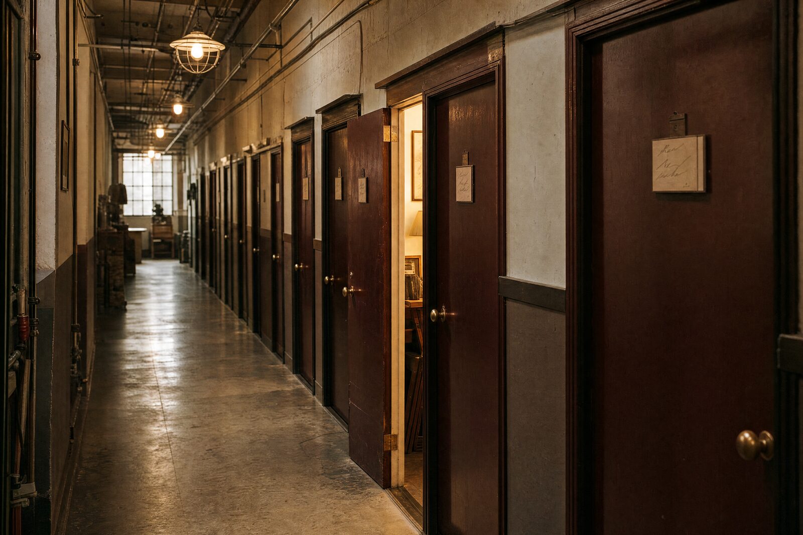 A long corridor of studio doors with handwritten nameplates, one door open and lit